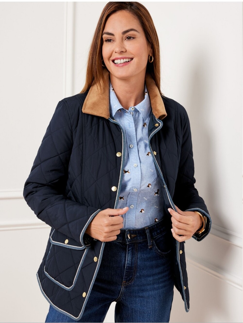 Talbots Quilted Barn Jacket Navy Corduroy Collar Snap Buttons Size XL